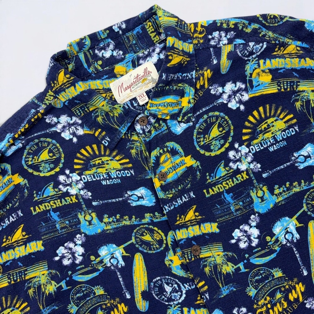 Margaritaville Landshark Fins Up Shirt Mens 2XL Navy Blue Rayon Button Up Aloha